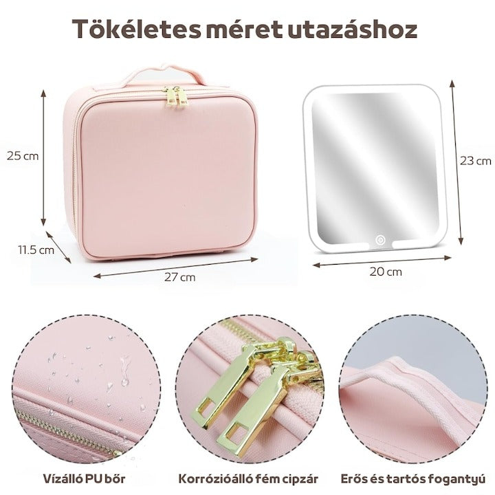 Geanta de machiaj cu oglinda detasabila iluminata cu LED, separatoare cu burete, fermoar dublu - roz