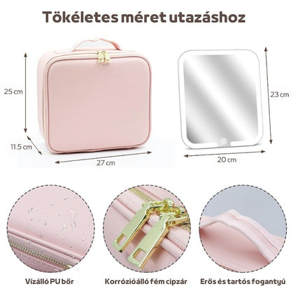 Geanta de machiaj cu oglinda detasabila iluminata cu LED, separatoare cu burete, fermoar dublu - roz