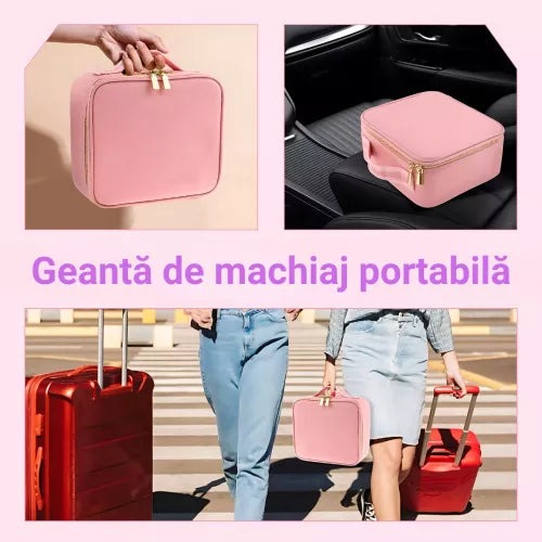 Geanta de machiaj cu oglinda detasabila iluminata cu LED, separatoare cu burete, fermoar dublu - roz