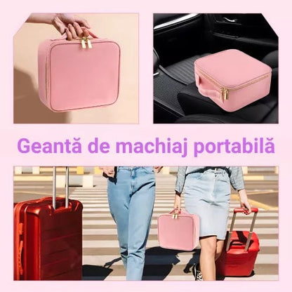 Geanta de machiaj cu oglinda detasabila iluminata cu LED, separatoare cu burete, fermoar dublu - roz