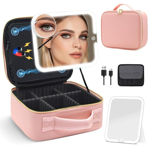 Geanta de machiaj cu oglinda detasabila iluminata cu LED, separatoare cu burete, fermoar dublu - roz - Produse Auto, Casă & Grădină - OkDeals.ro