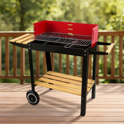 Grătar pe Cărbuni BBQ 86×35×83.5 cm – Suprafață 50×24.5 cm, Roșu/Negru, Oțel Rezistent