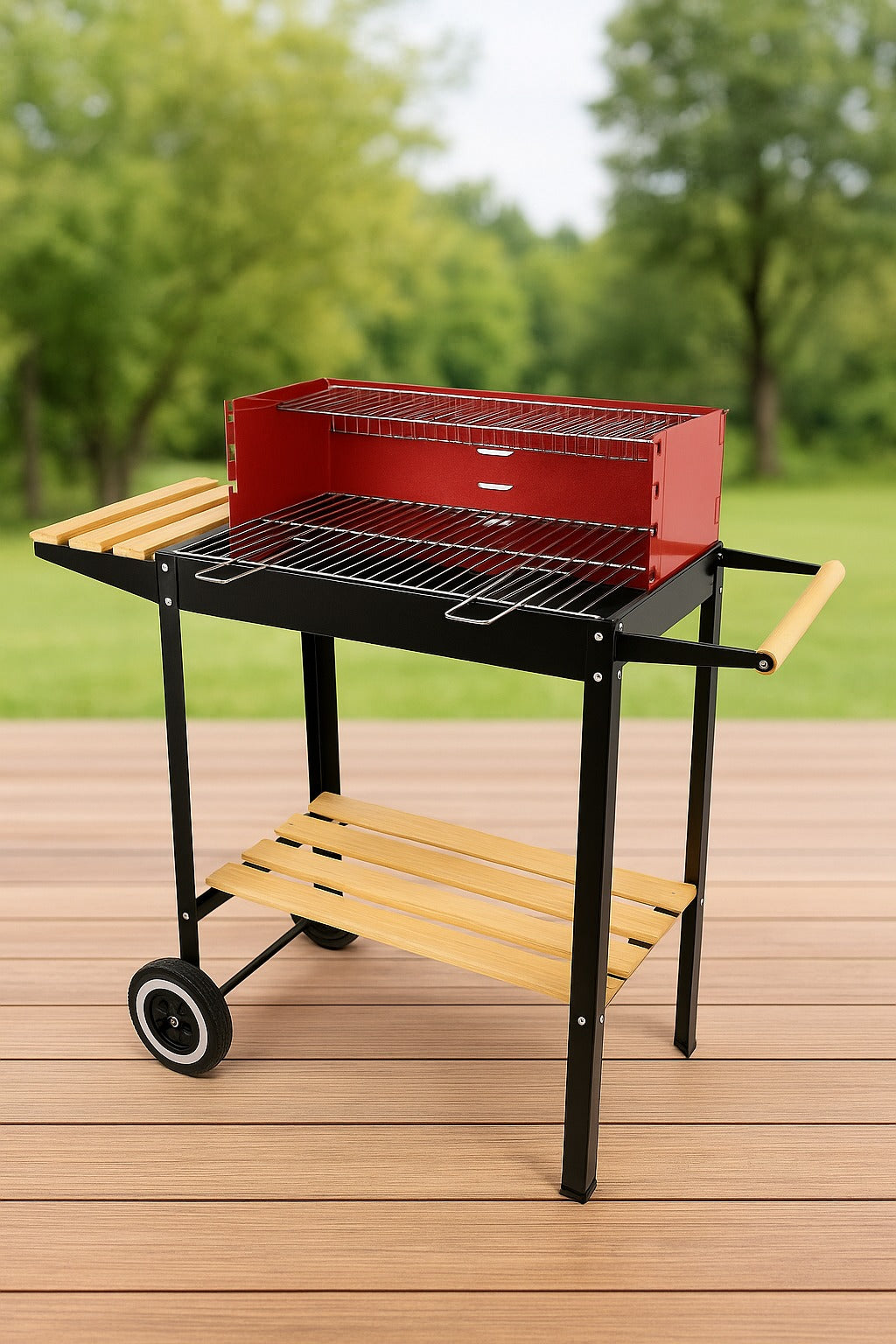 Grătar pe Cărbuni BBQ 86×35×83.5 cm – Suprafață 50×24.5 cm, Roșu/Negru, Oțel Rezistent