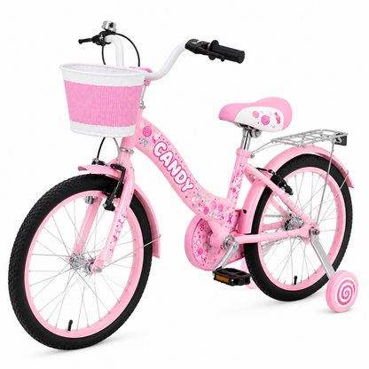 Bicicleta Candy 20 Inch Roz Pentru Fetite - Cosulet si Roti Ajutatoare Pentru Plimbari CADOU Casca de protectieDe Poveste