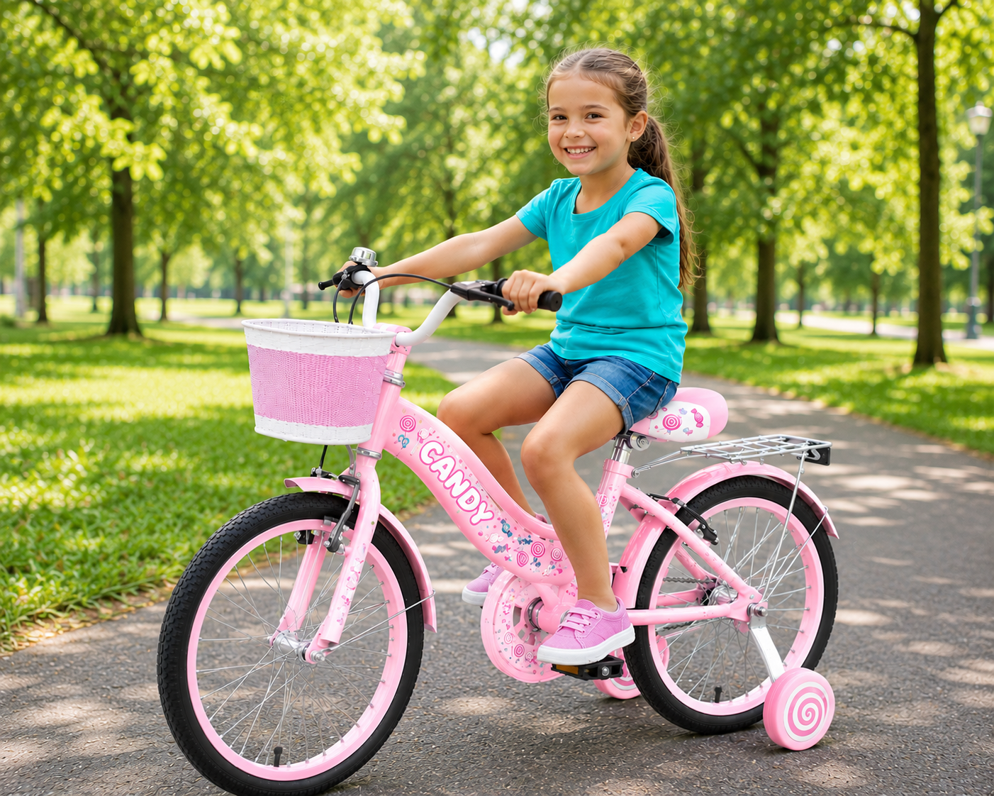 Bicicleta Candy 20 Inch Roz Pentru Fetite - Cosulet si Roti Ajutatoare Pentru Plimbari CADOU Casca de protectieDe Poveste