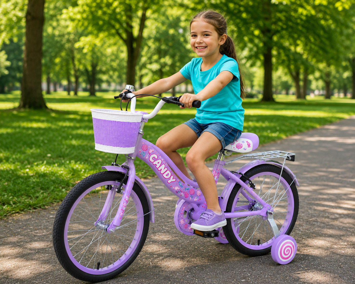 Bicicleta Candy 20 Inch Pentru Copii - Cosulet, Sonerie si Roti Ajutatoare Pentru Aventuri Pline De Distractie CADOU Casca