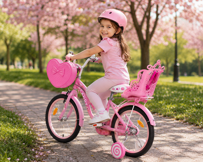Bicicleta Copii Candy 16 20 Inch Roz Cu Geanta Inimioara Scaun Papusi Si Roti Ajutatoare CADOU Casca de protectie - Copii si