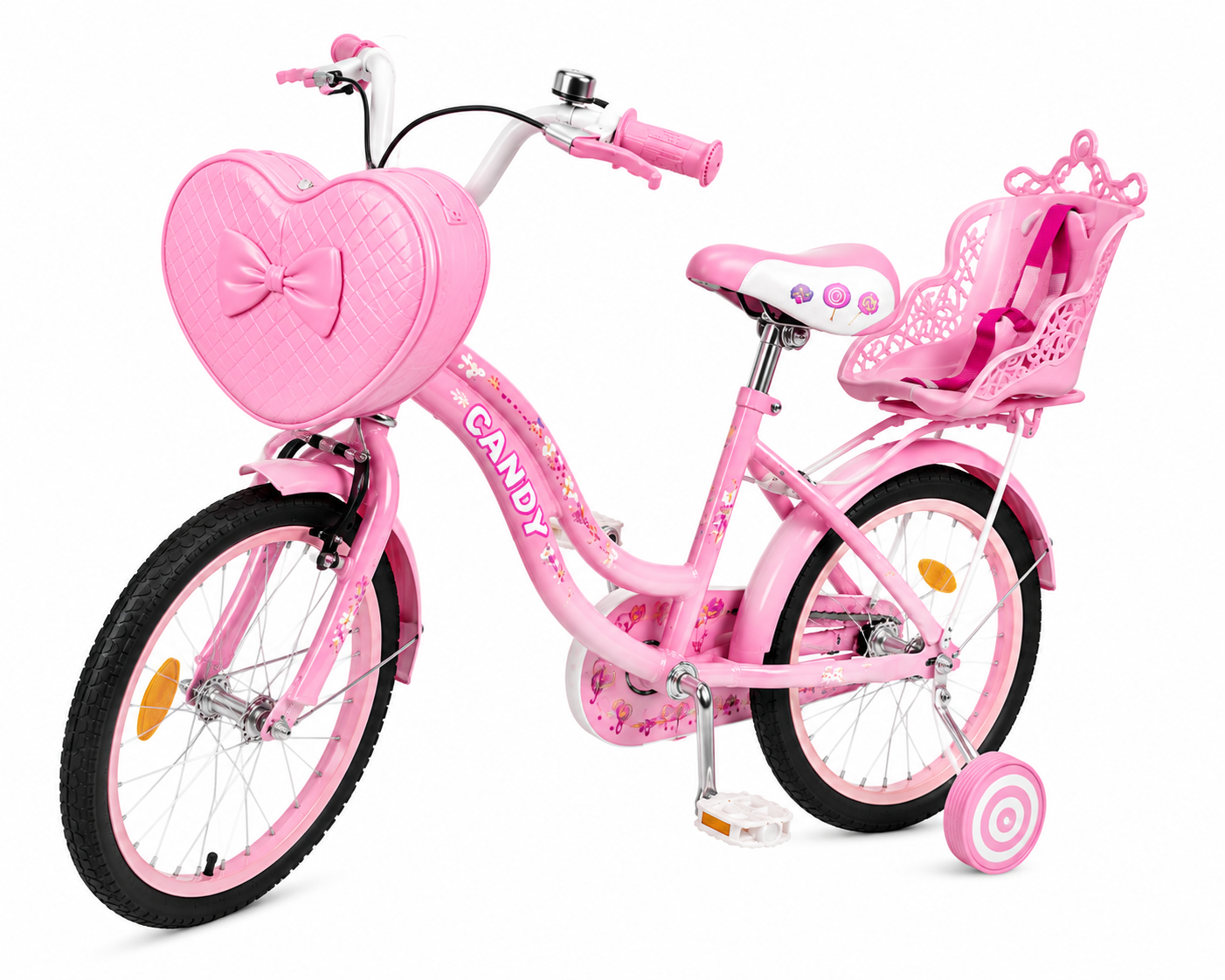 Bicicleta Copii Candy 16 20 Inch Roz Cu Geanta Inimioara Scaun Papusi Si Roti Ajutatoare CADOU Casca de protectie - Copii si