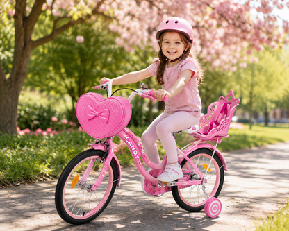 Bicicleta Copii Candy 16 20 Inch Roz Cu Geanta Inimioara Scaun Papusi Si Roti Ajutatoare CADOU Casca de protectie - Copii si