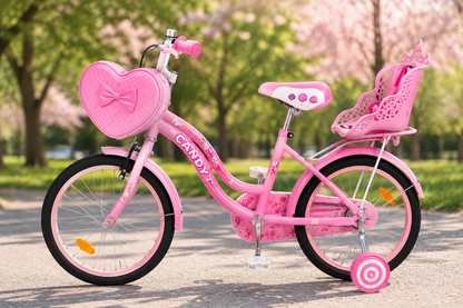 Bicicleta Copii Candy 16 20 Inch Roz Cu Geanta Inimioara Scaun Papusi Si Roti Ajutatoare CADOU Casca de protectie - Copii si