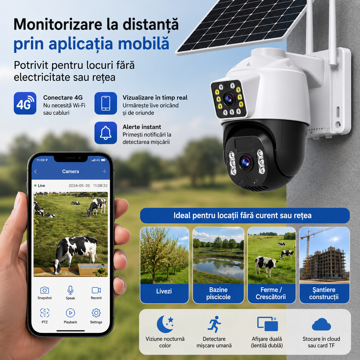 Camera Solara Dual Lens 4K - Varianta 4G Sau WiFi, Card 32GB Inclus si Control Inteligent Din Telefon - Electronice si