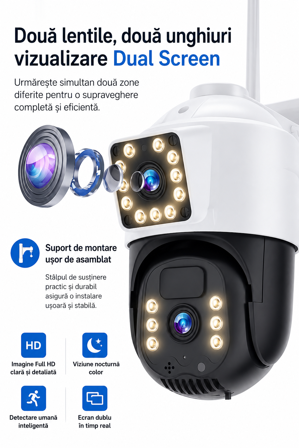 Camera Solara Dual Lens 4K - Varianta 4G Sau WiFi, Card 32GB Inclus si Control Inteligent Din Telefon - Electronice si