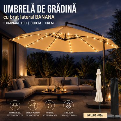 Umbrela Gradina Banana cu LED Solar, Brat Lateral, 300 cm, Crem - Iluminat
