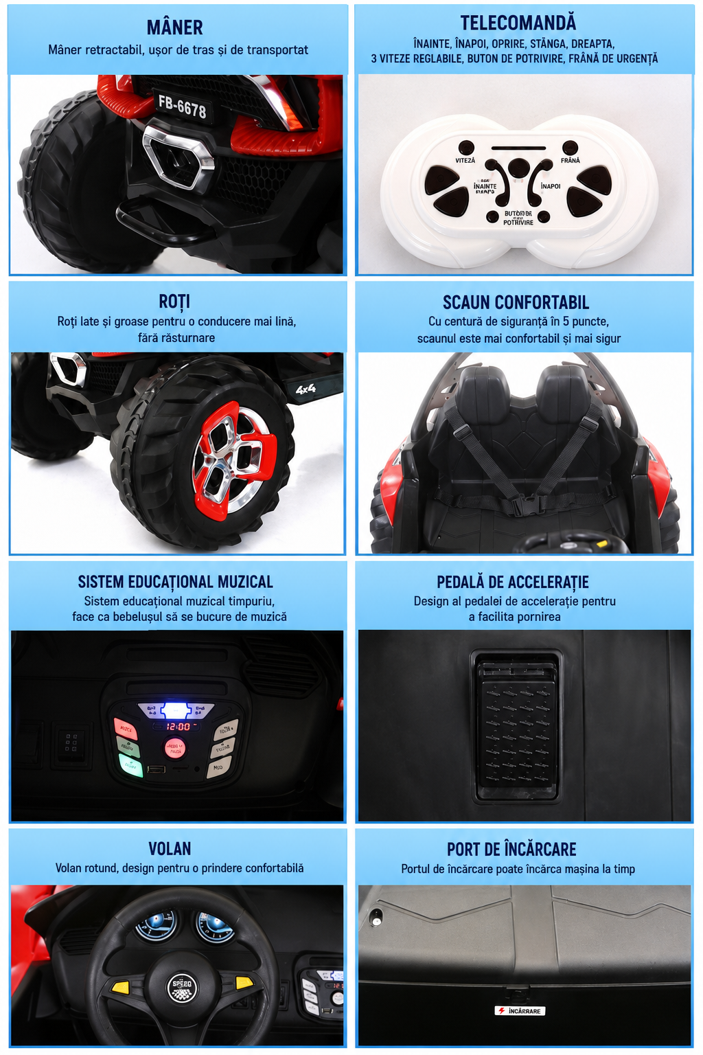 Masinuta Electrica Off-Road 4x4 Pentru Copii - 2 Locuri, 4 Motoare 45W, Roti EVA, Telecomanda si Lumini LED - Copii si
