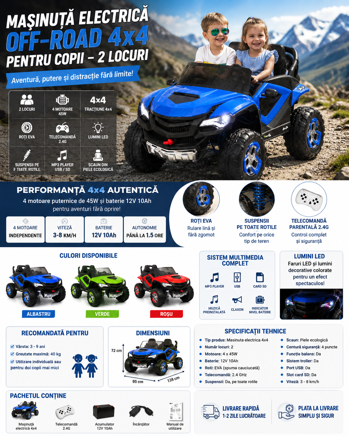 Masinuta Electrica Off-Road 4x4 Pentru Copii - 2 Locuri, 4 Motoare 45W, Roti EVA, Telecomanda si Lumini LED - Copii si