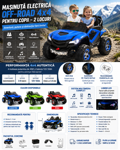 Masinuta Electrica Off-Road 4x4 Pentru Copii - 2 Locuri, 4 Motoare 45W, Roti EVA, Telecomanda si Lumini LED - Copii si