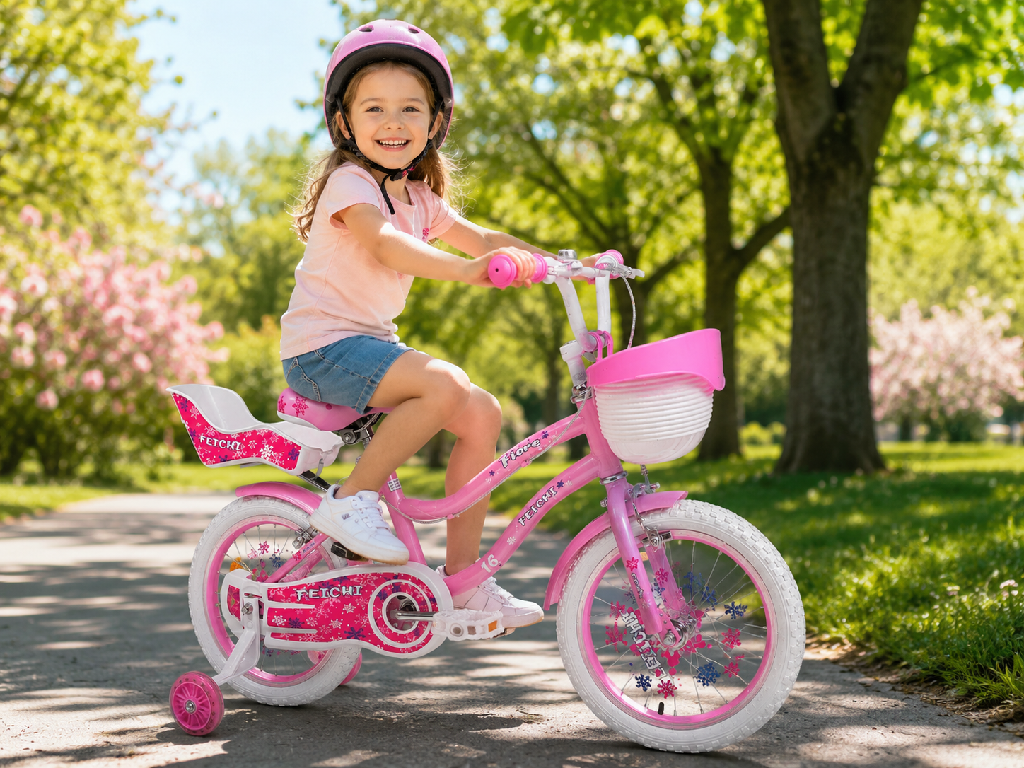 Bicicleta Feichi 16 Inch pentru Fetite - Cosulet, Scaun pentru Papusi, Frane Fata-Spate si Roti Ajutatoare Incluse - 3