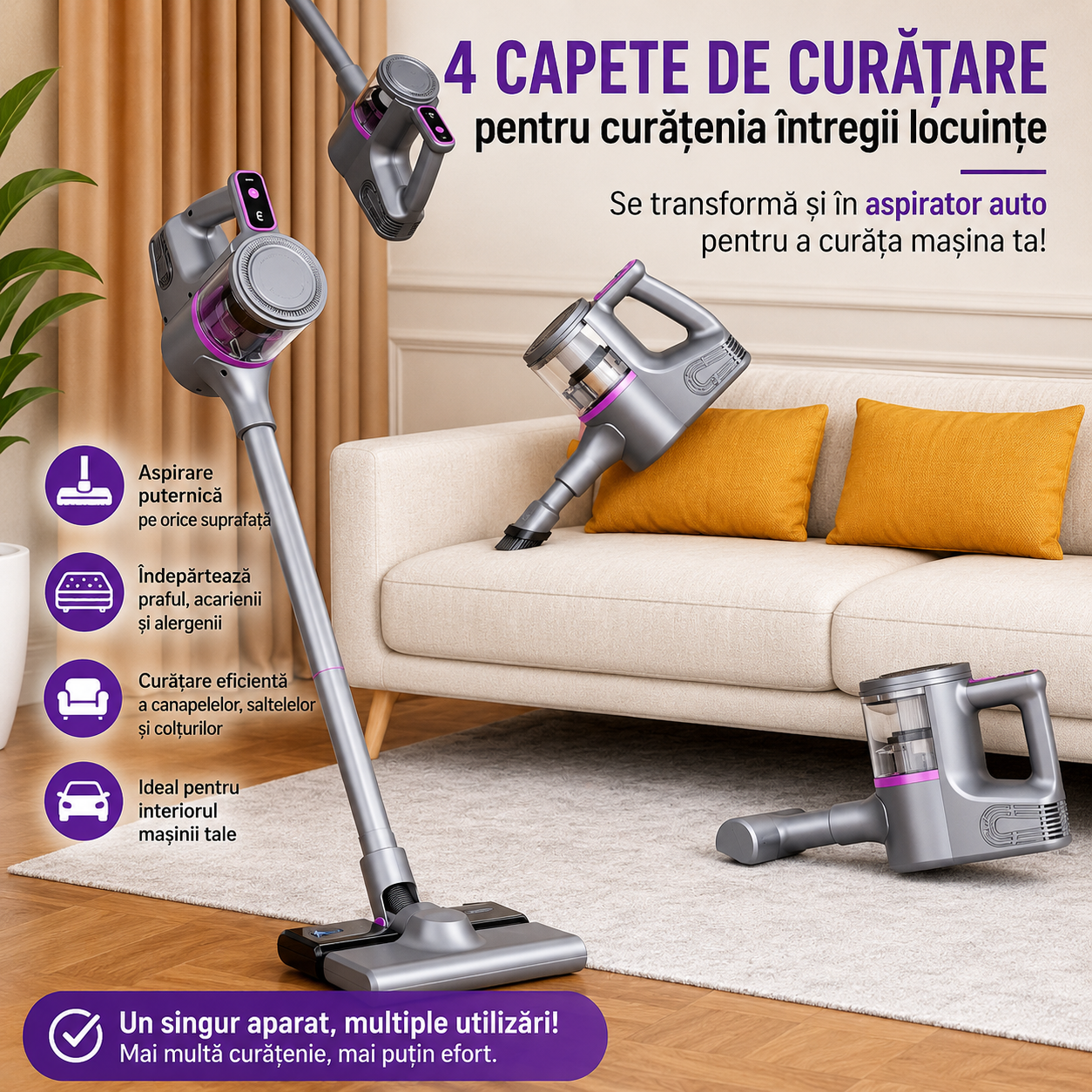 Aspirator Vertical fara Fir 2-in-1 - Aspirare si Mop Intr-un Singur Pas, 100W, Filtru HEPA - Curatenie si intretinere