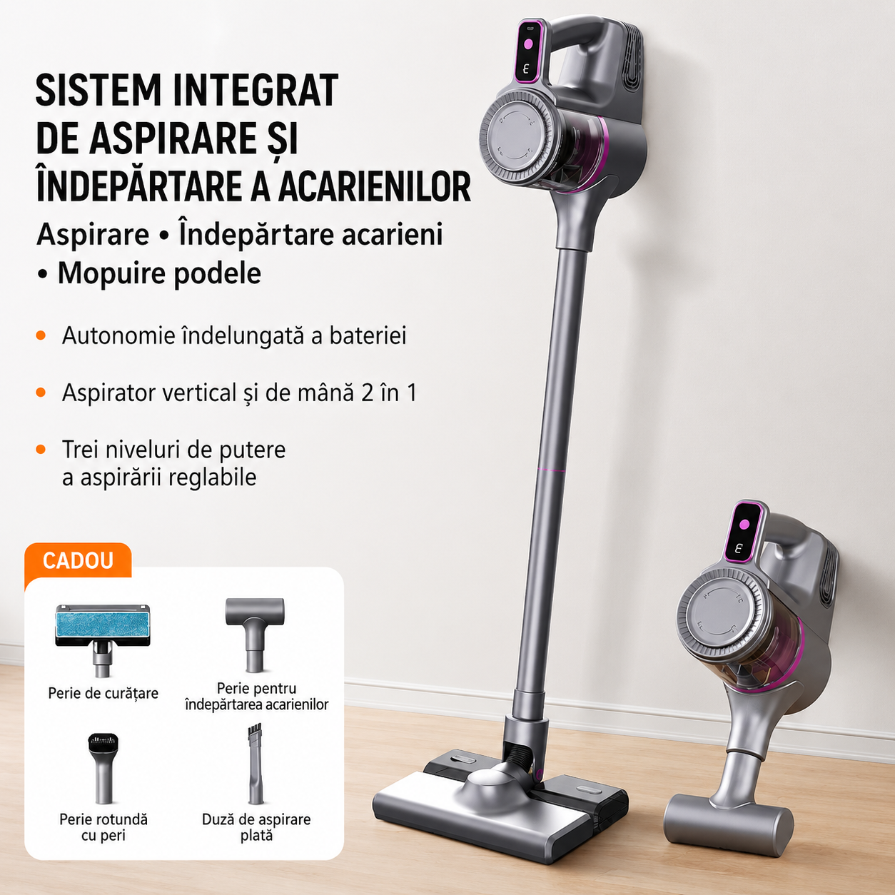 Aspirator Vertical fara Fir 2-in-1 - Aspirare si Mop Intr-un Singur Pas, 100W, Filtru HEPA - Curatenie si intretinere