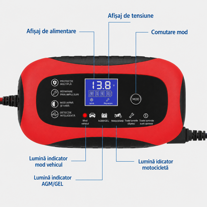 Incarcator Inteligent pentru Baterii Auto 12V 6A - Redresor Automat cu Protectii Complete - Auto si moto