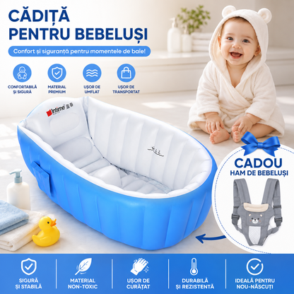 Cadita Gonflabila pentru Bebelusi 90x60x27 cm, Antialunecare, Pliabila, Bleu/Alb + Ham Bebelusi Cadou - Copii si bebelusi