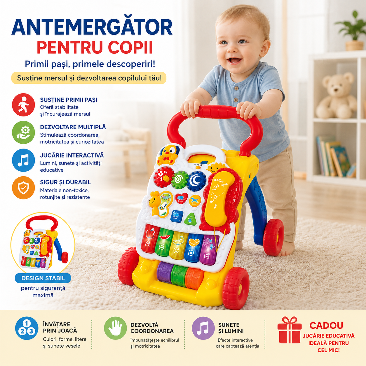 Premergator Interactiv Fun Play cu Centru de Activitati, Muzica, Lumini, Forme Geometrice + Ham Bebelusi Cadou - Copii si