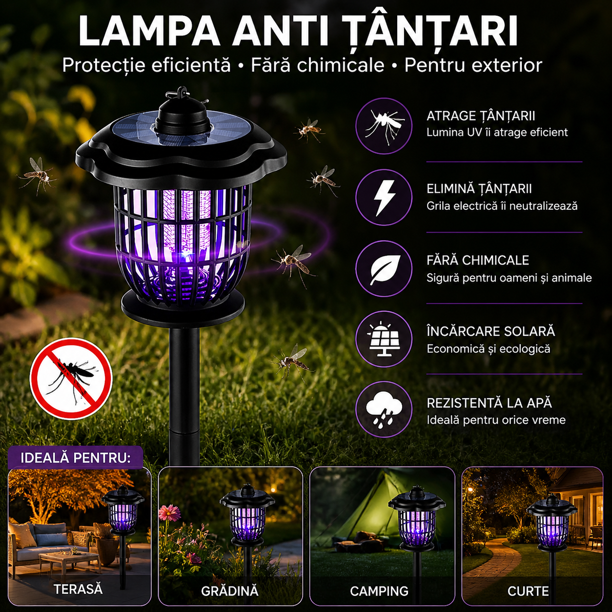 Lampa solara anti tantari LED UV 2 in 1 exterior 52 cm IP44 gradina - Iluminat