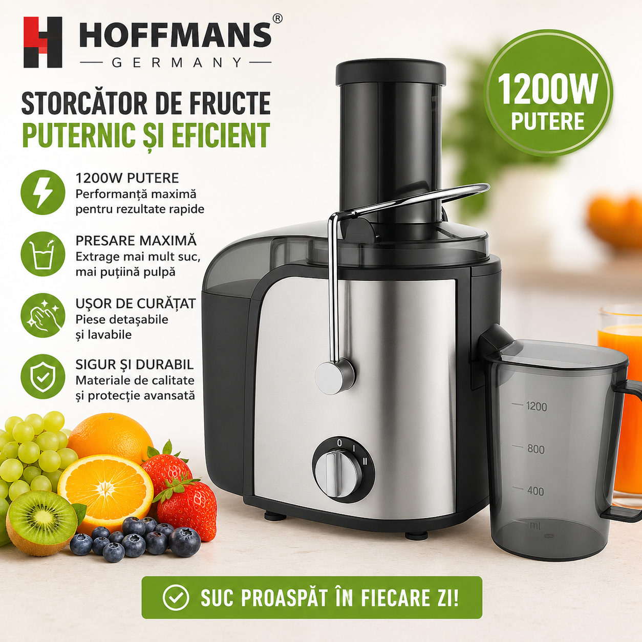 Storcator fructe si legume Hoffmans HM-622 1200W inox negru - Bucatarie si electrocasnice