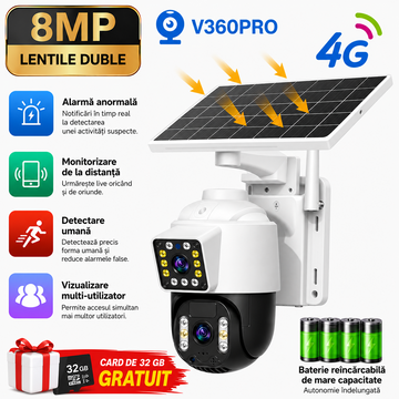 Camera Solara Dual Lens 4K - Varianta 4G Sau WiFi, Card 32GB Inclus si Control Inteligent Din Telefon - Electronice si