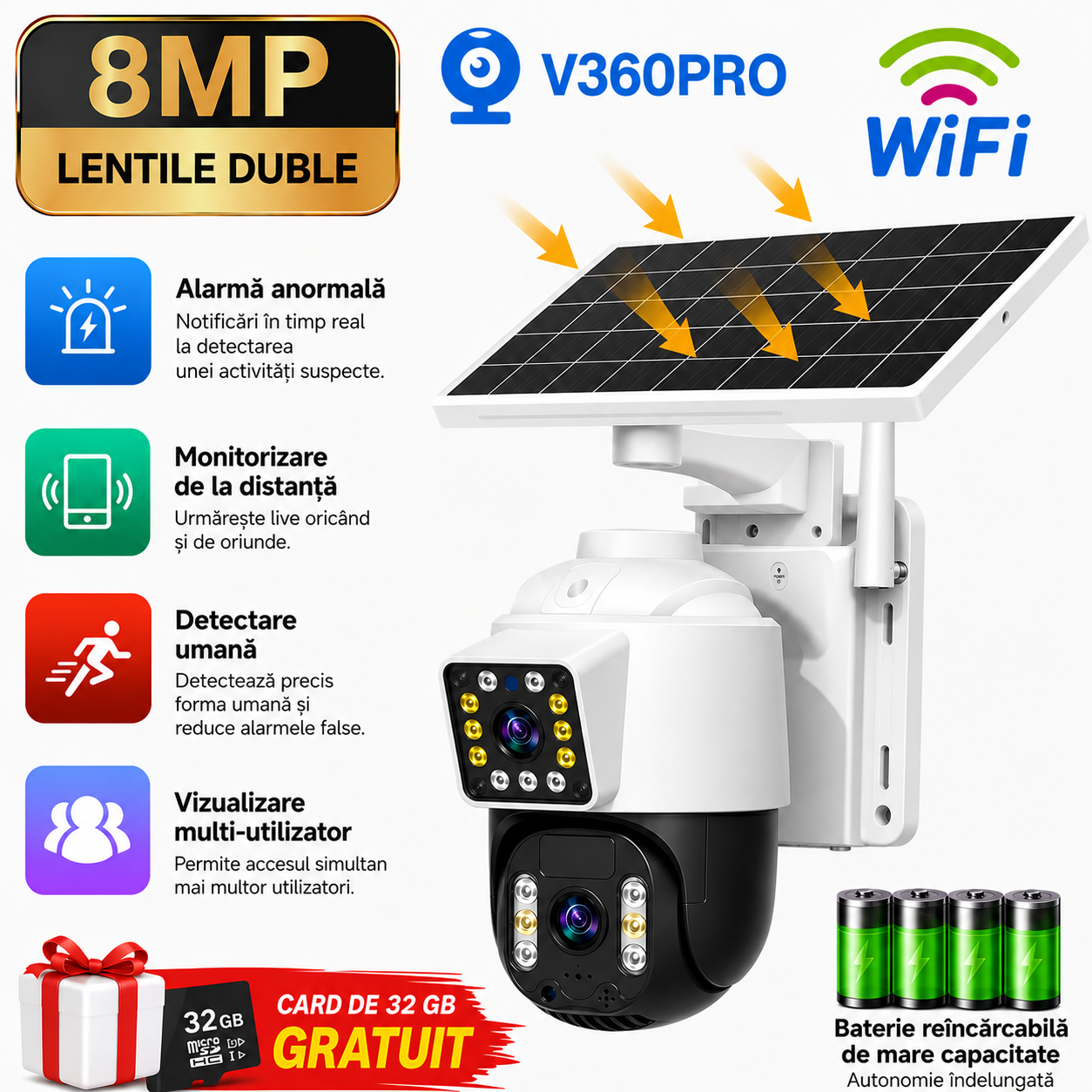 Camera Solara Dual Lens 4K - Varianta 4G Sau WiFi, Card 32GB Inclus si Control Inteligent Din Telefon - Electronice si