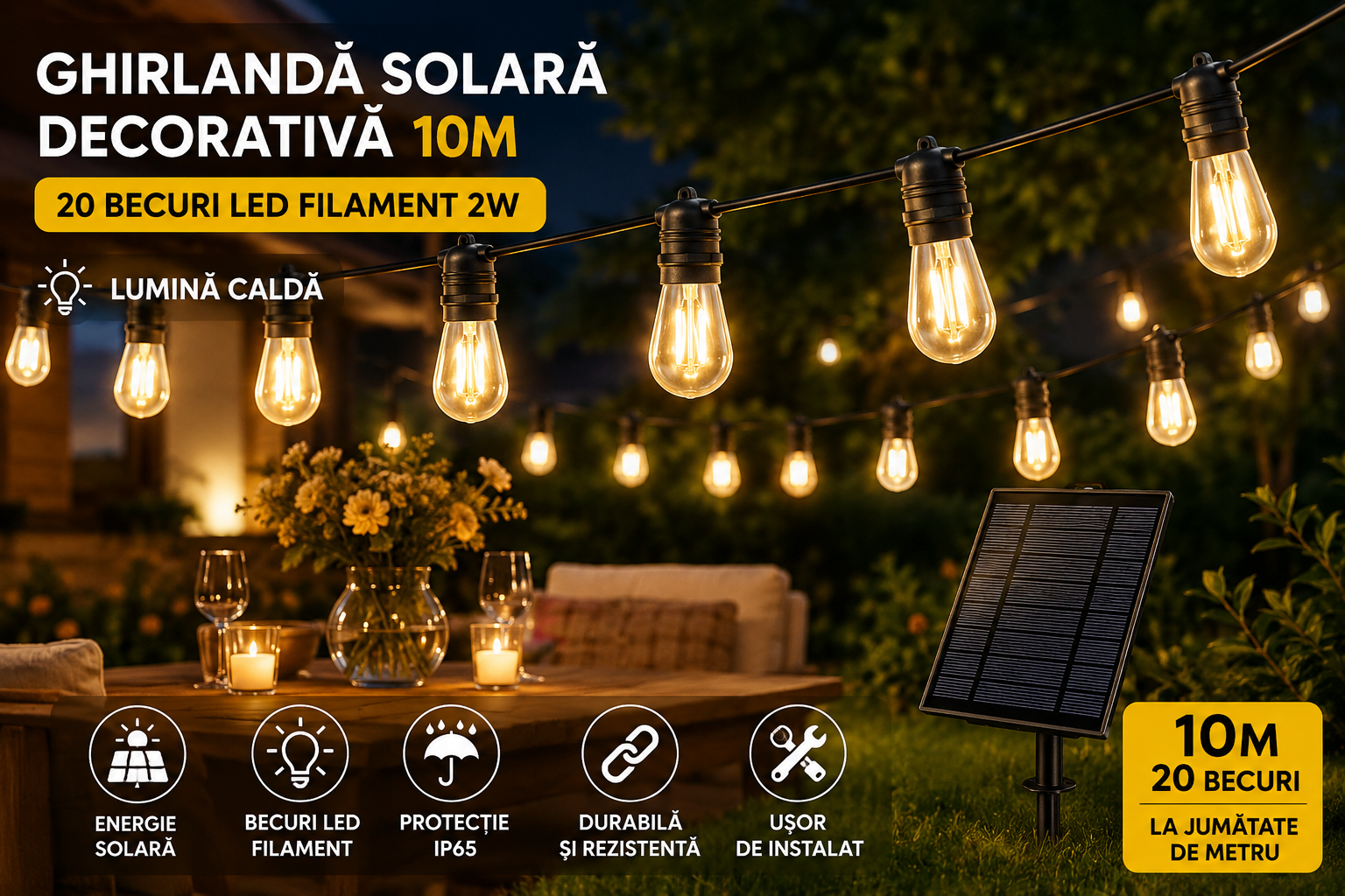 Ghirlanda Solara Premium 10 Metri - 20 Becuri LED Filament, Lumina Calda si Incarcare Solara sau USB - Electronice si