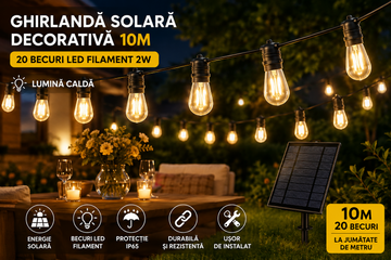 Ghirlanda Solara Premium 10 Metri - 20 Becuri LED Filament, Lumina Calda si Incarcare Solara sau USB - Electronice si