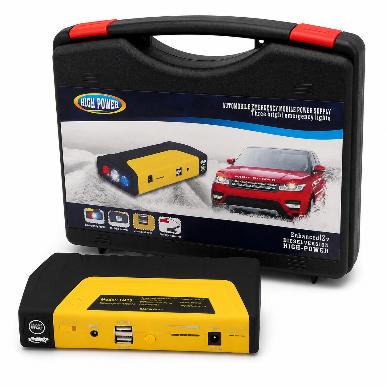 Booster Redresor Auto Jump Starter 50800mAh pentru Diesel/Benzina pana la 3000cmc, Power Bank USB, Lanterna LED, Functii