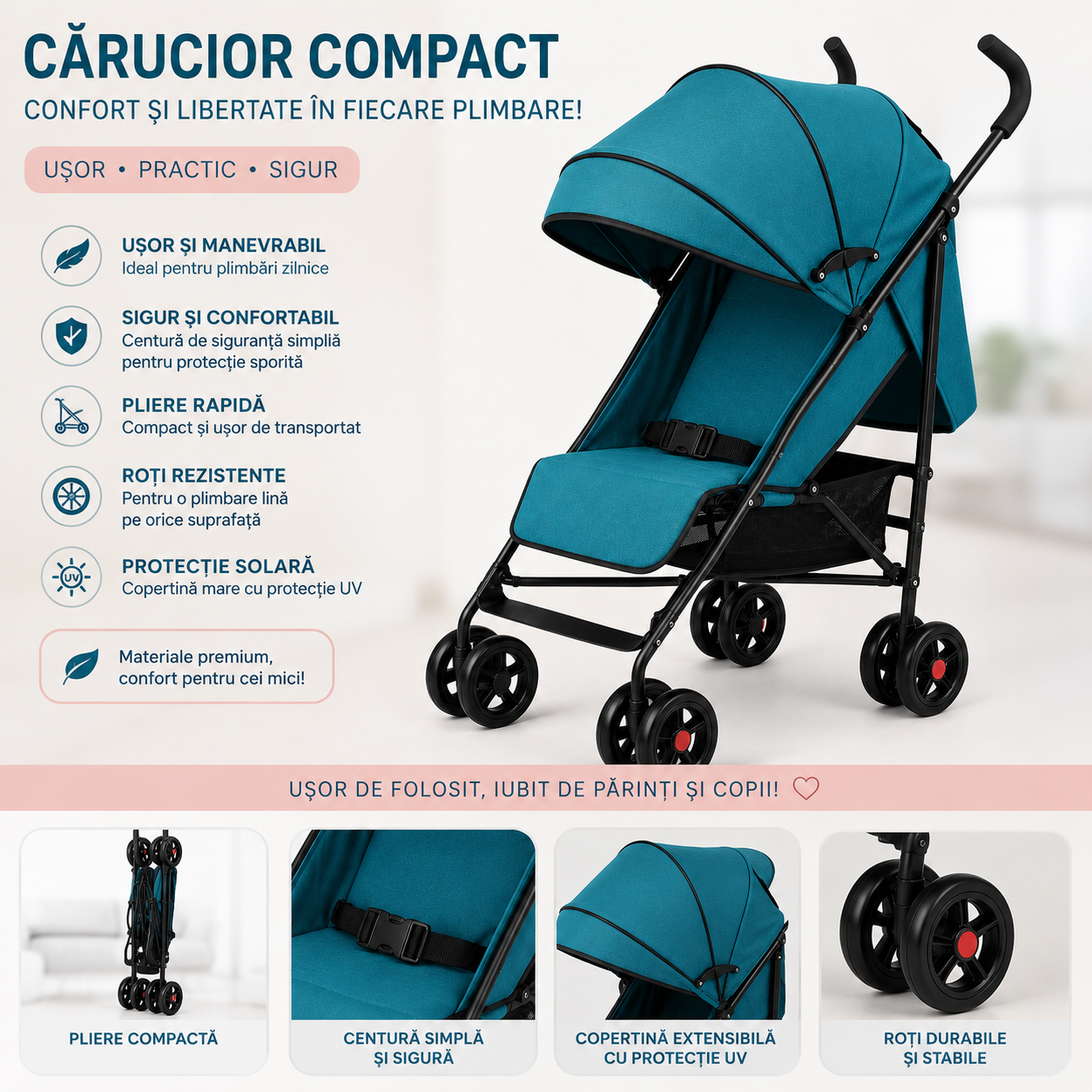 Carucior Sport Compact pentru Copii - Usor, Pliabil, Confortabil si Ideal pentru Plimbarile Zilnice - Copii si bebelusi