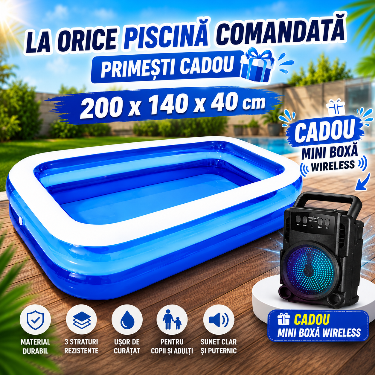 Piscina Gonflabila LEIHMANN 200x140x40 cm - Distractie si Racorire pentru Toata Familia + Mini Boxa Wireless Cadou! - Copii