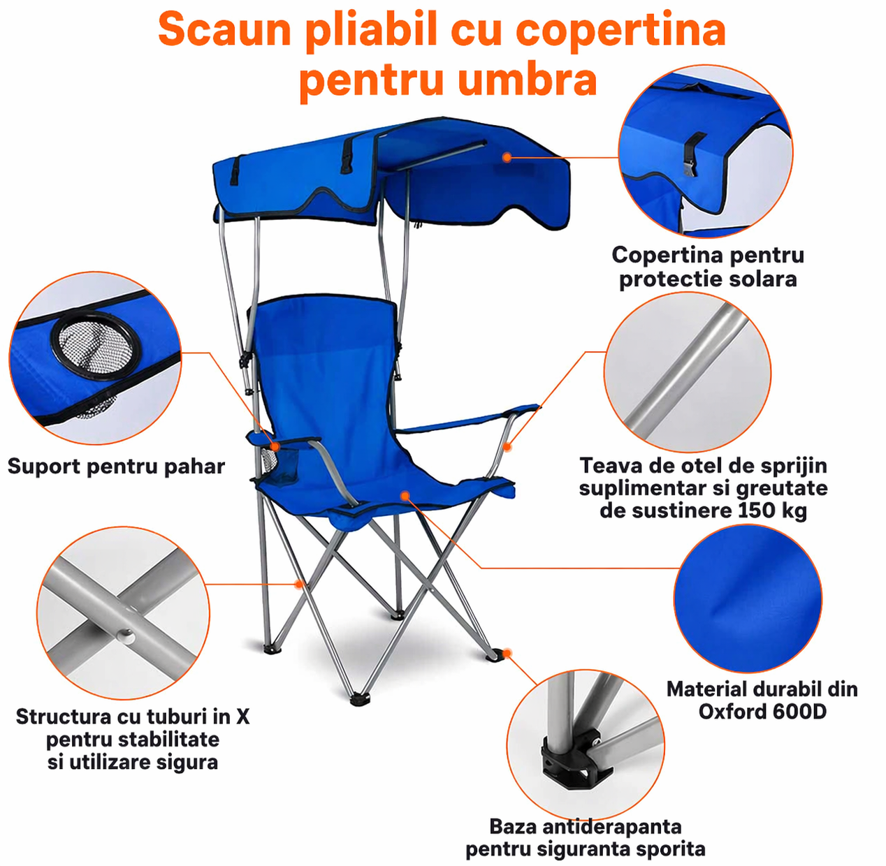 Scaun plaja pliabil albastru cu copertina UPF50 suport pahar 150kg camping gradina portabil - Sport si timp liber