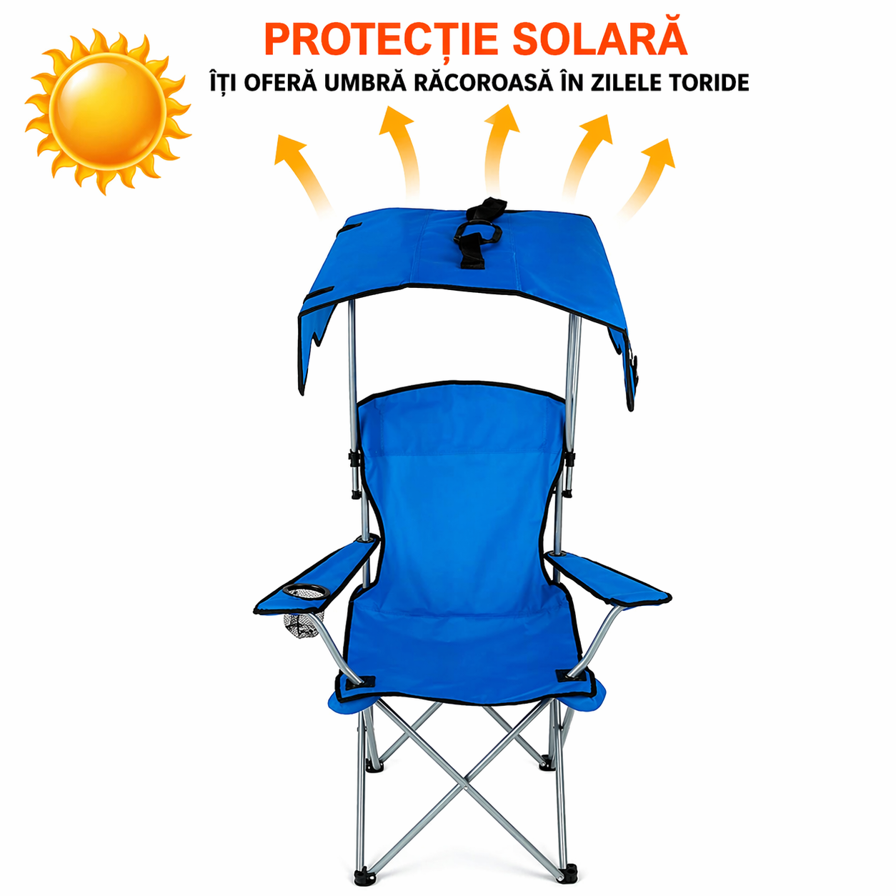 Scaun plaja pliabil albastru cu copertina UPF50 suport pahar 150kg camping gradina portabil - Sport si timp liber