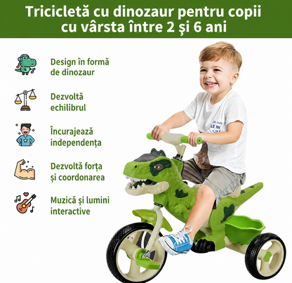 Tricicleta copii dinozaur verde cu muzica cos depozitare roti mari 3+ Roz - Copii si bebelusi