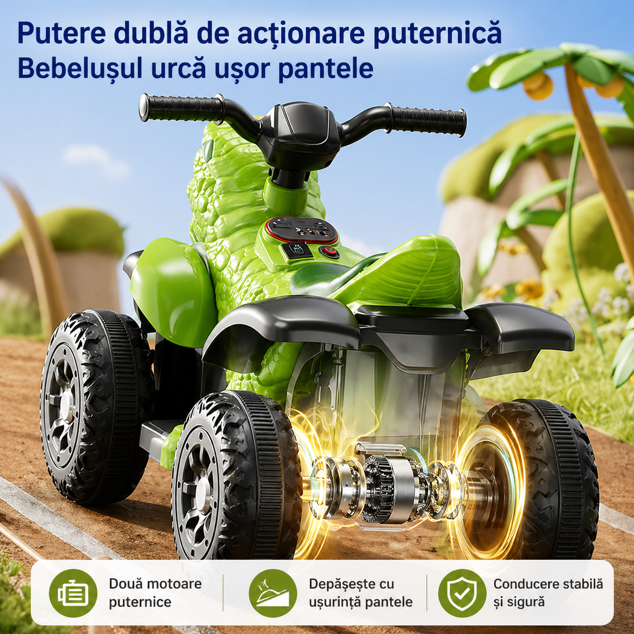 ATV electric copii dinozaur T-REX 6V 35W cu muzica lumini LED 2-4 ani verde - Copii si bebelusi