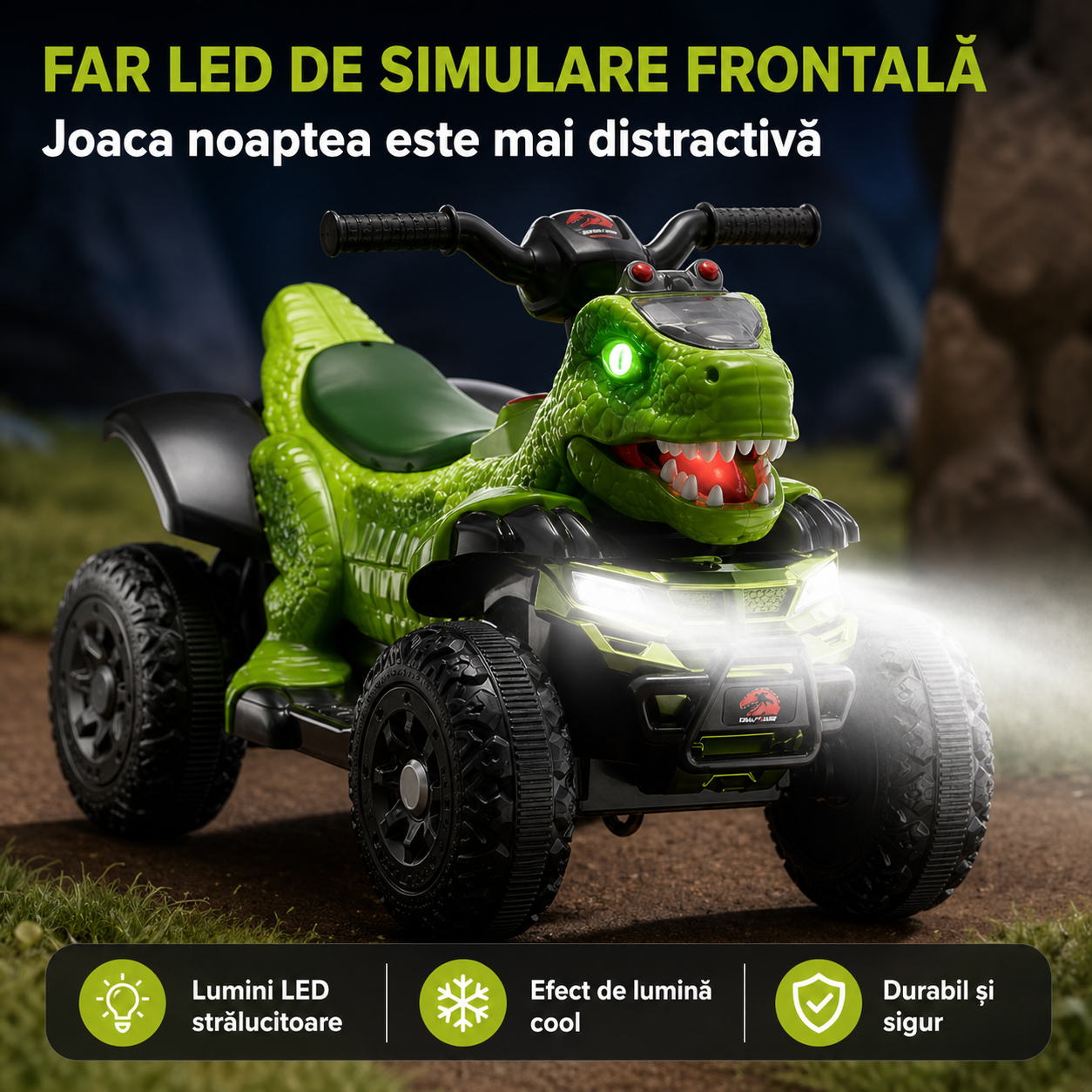 ATV electric copii dinozaur T-REX 6V 35W cu muzica lumini LED 2-4 ani verde - Copii si bebelusi