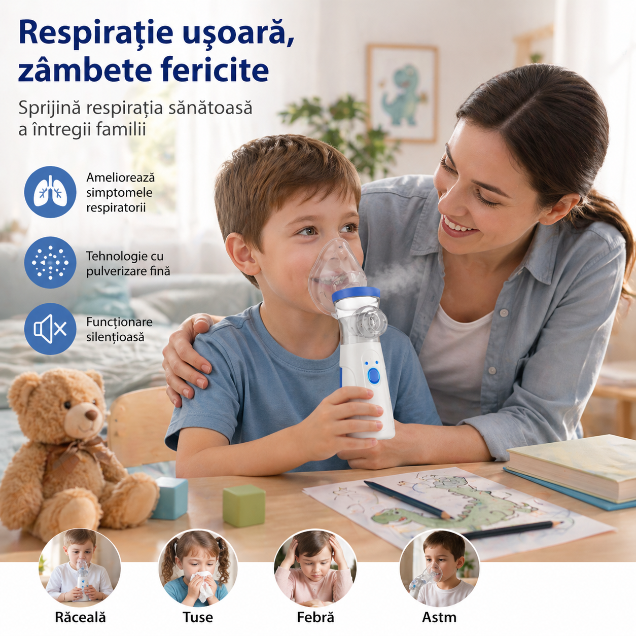 Nebulizator portabil ultrasunete JSL-W302 cu masca adult copil USB aparat aerosoli compact - Copii si bebelusi
