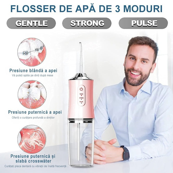 Irigator Oral Electric Portabil 220ml, 3 Moduri, IPX7, 8 Duze, USB