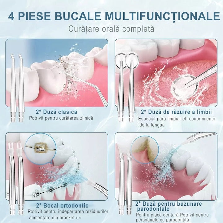 Irigator Oral Electric Portabil 220ml, 3 Moduri, IPX7, 8 Duze, USB