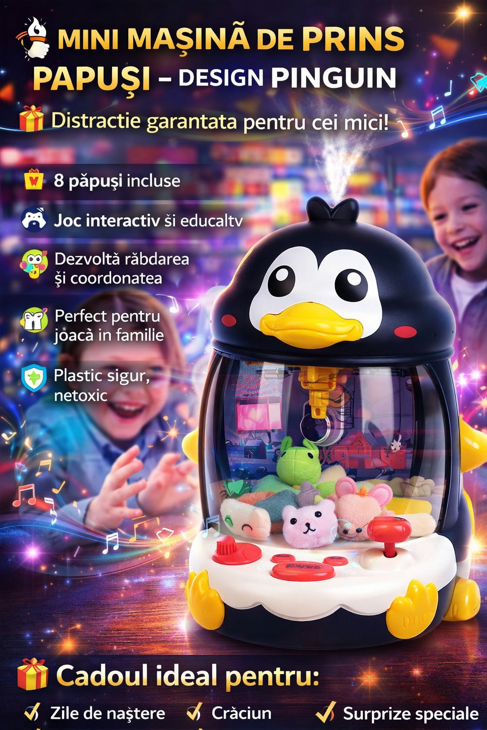 Jucarie mini masina prins papusi cu 8 figurine interactive model pinguin - Copii si bebelusi