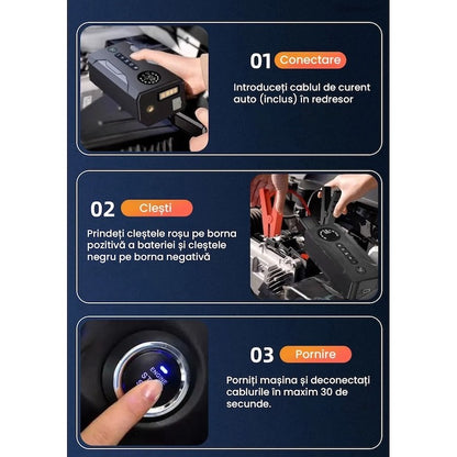 Jump Starter + compresor auto 2 în 1 TruckPower – 16000mAh, 2000A, lanternă și powerbank USB