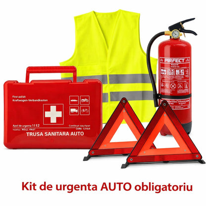 Kit urgenta auto obligatoriu cu stingator vesta reflectorizanta si 2 triunghiuri reflectorizante - Auto si moto