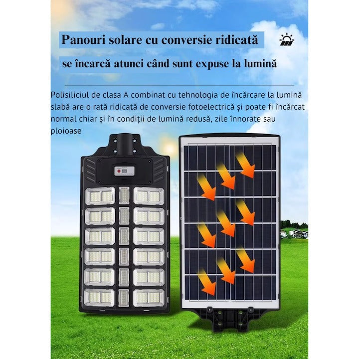 Lampa solara LED stradala 800W cu senzor miscare, stalp inclus, IP67, telecomanda - Iluminat