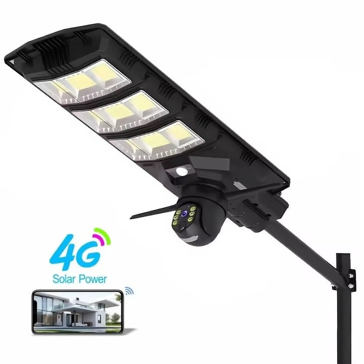 Lampa solara stradala LED 300W cu camera 4G, rotativa, telecomanda si stalp inclus - Iluminat
