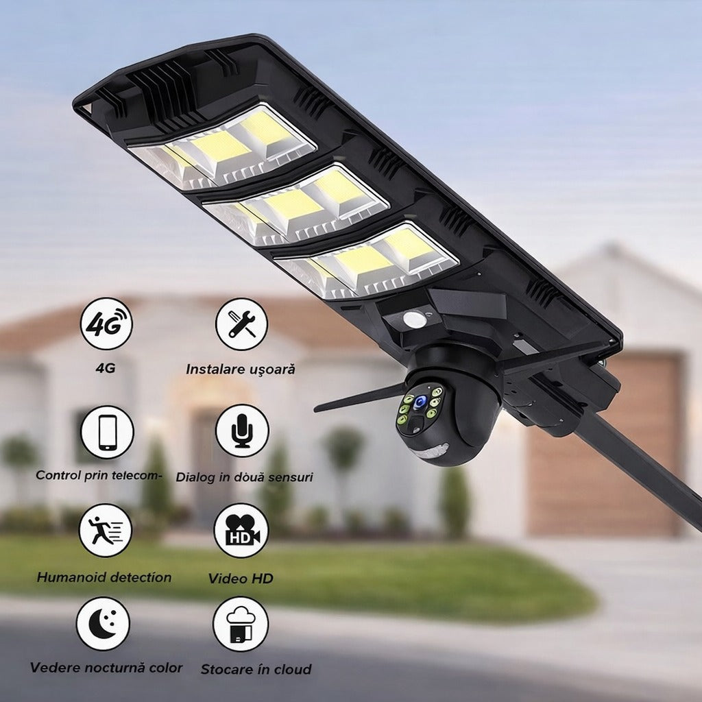 Lampa solara stradala LED 300W cu camera 4G, rotativa, telecomanda si stalp inclus - Iluminat