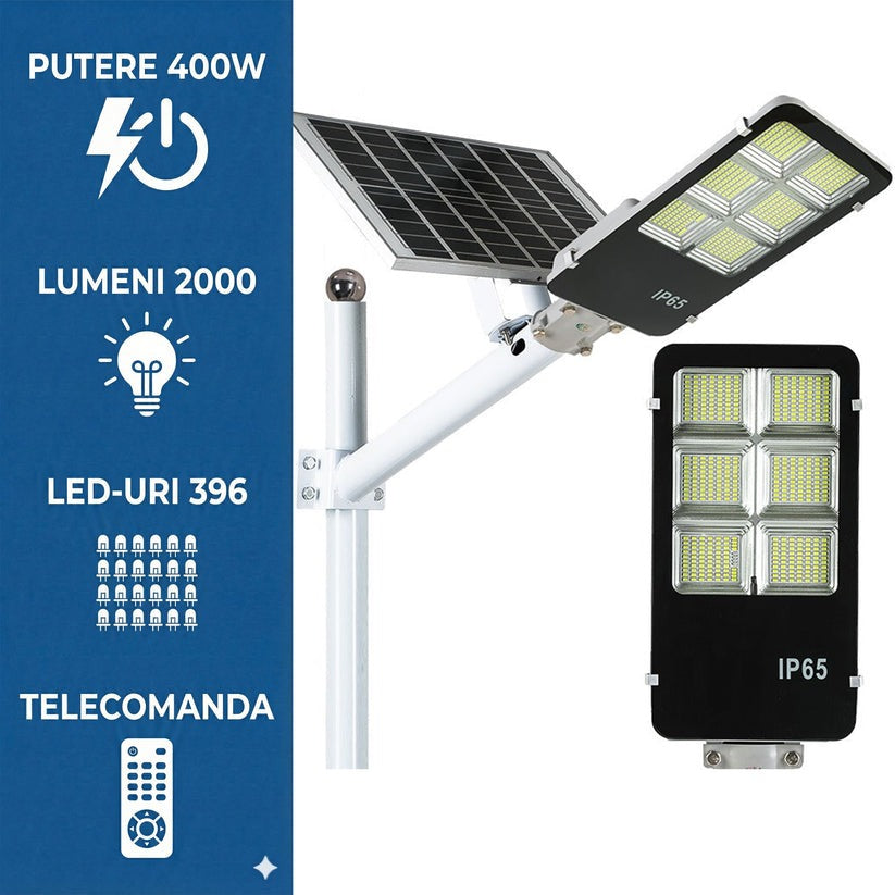 Lampa stradala solara Jortan 400W cu senzor miscare, telecomanda, stalp inclus + CADOU - Auto si moto